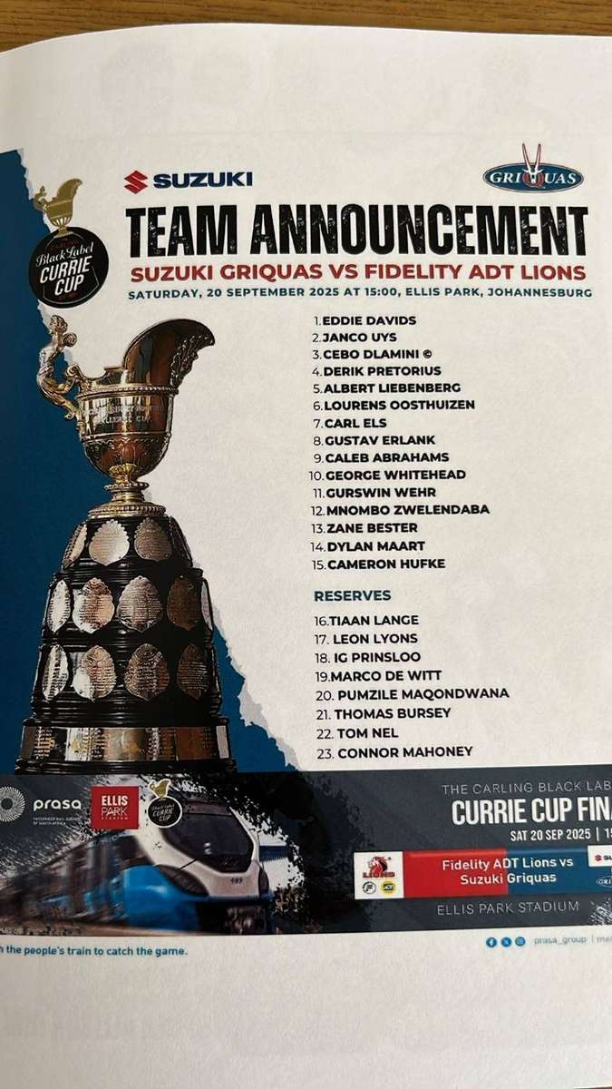 2025 Griquas vs Lions Currie Cup Final Programme & Newspaper, details below