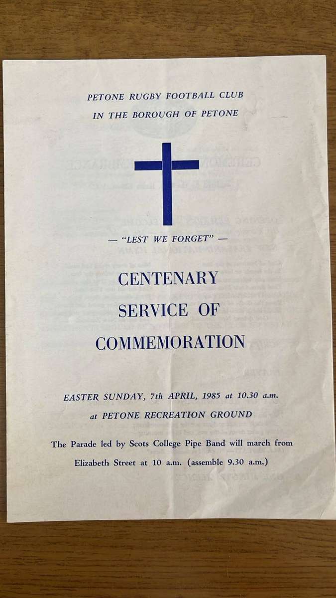 1885-1985 "True Blue" Petone Rugby Club & Centenary Service Programme, details below