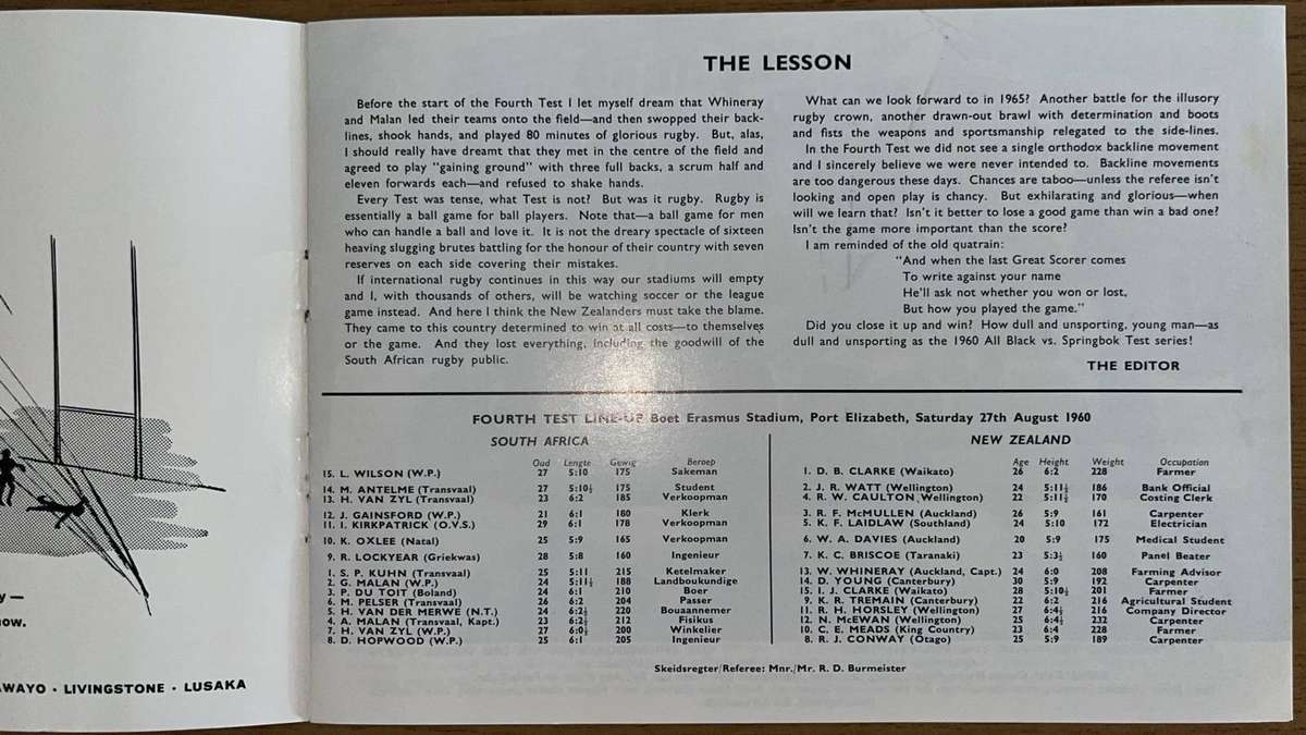 1960 All Blacks Tour to South Africa, details below