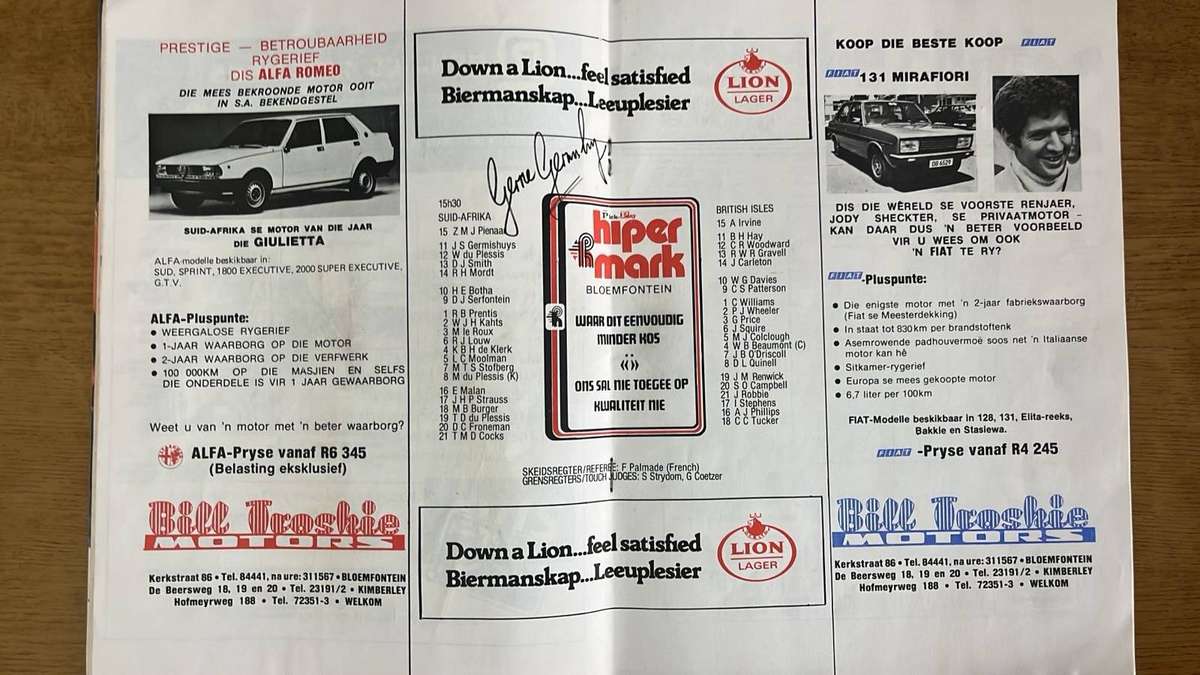 1980 Springboks vs British Lions at Bloemfontein Stadium Signed Programme, details below