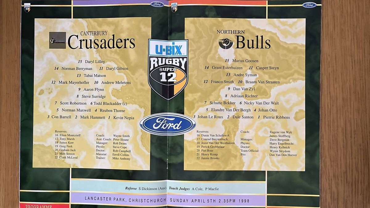 1998 Northern Bulls vs Canterbury Crusaders at Lancaster Park Programme, details below