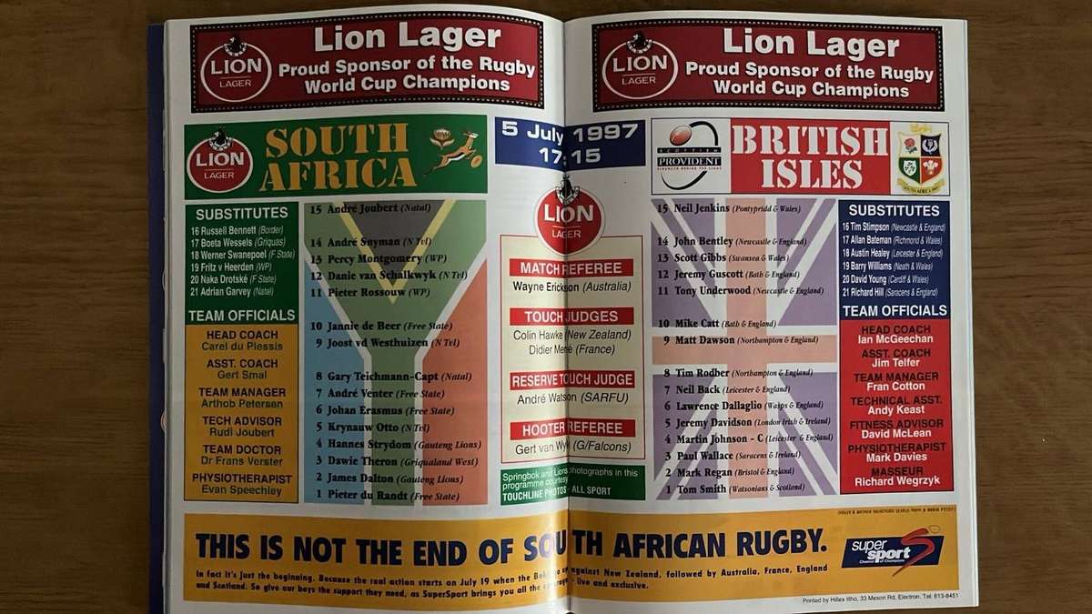 1997 South Africa vs British Isles at Ellis Park Programme, details below