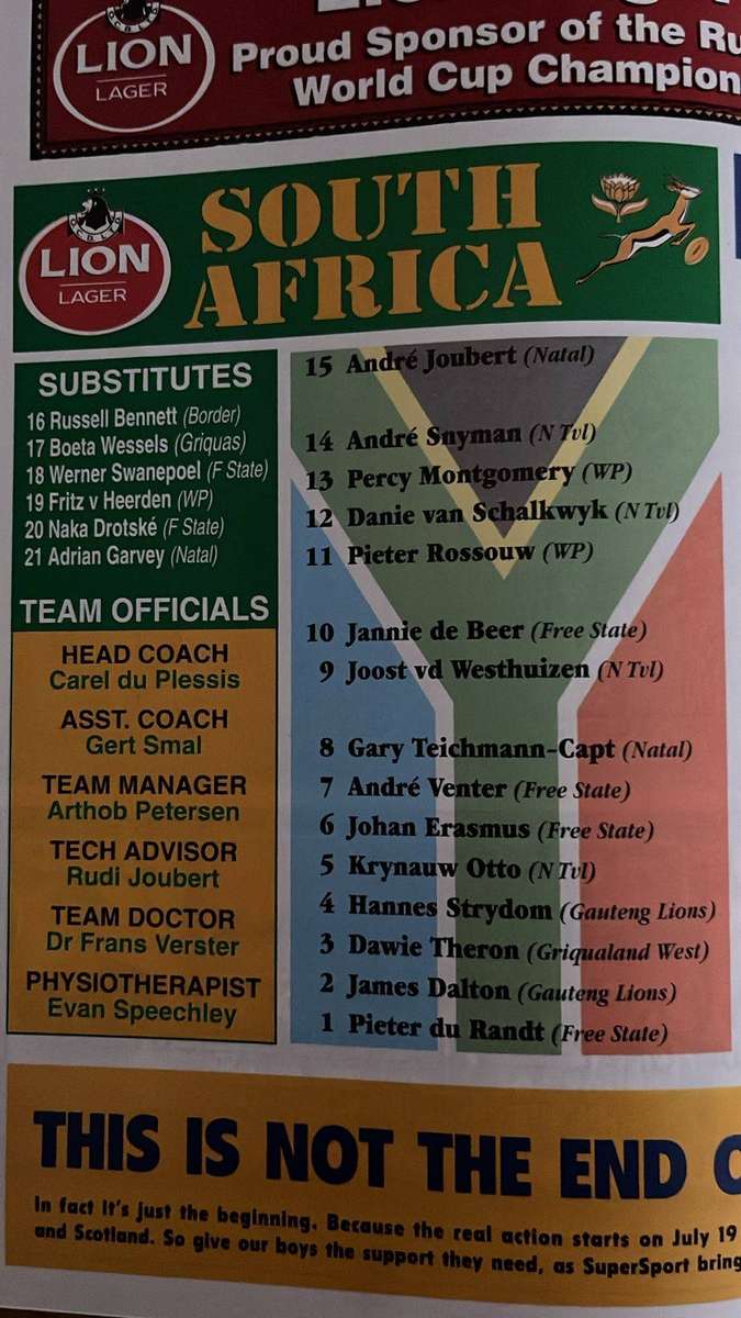1997 South Africa vs British Isles at Ellis Park Programme, details below