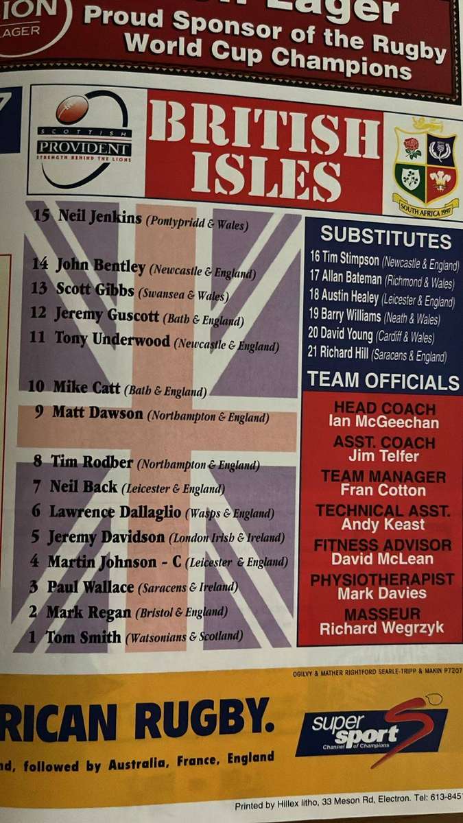 1997 South Africa vs British Isles at Ellis Park Programme, details below