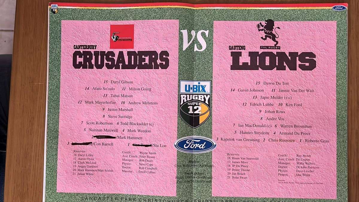 1997 Crusaders vs Lions at Lancaster Park Programme, details below