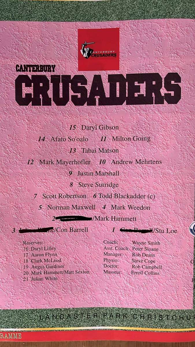 1997 Crusaders vs Lions at Lancaster Park Programme, details below