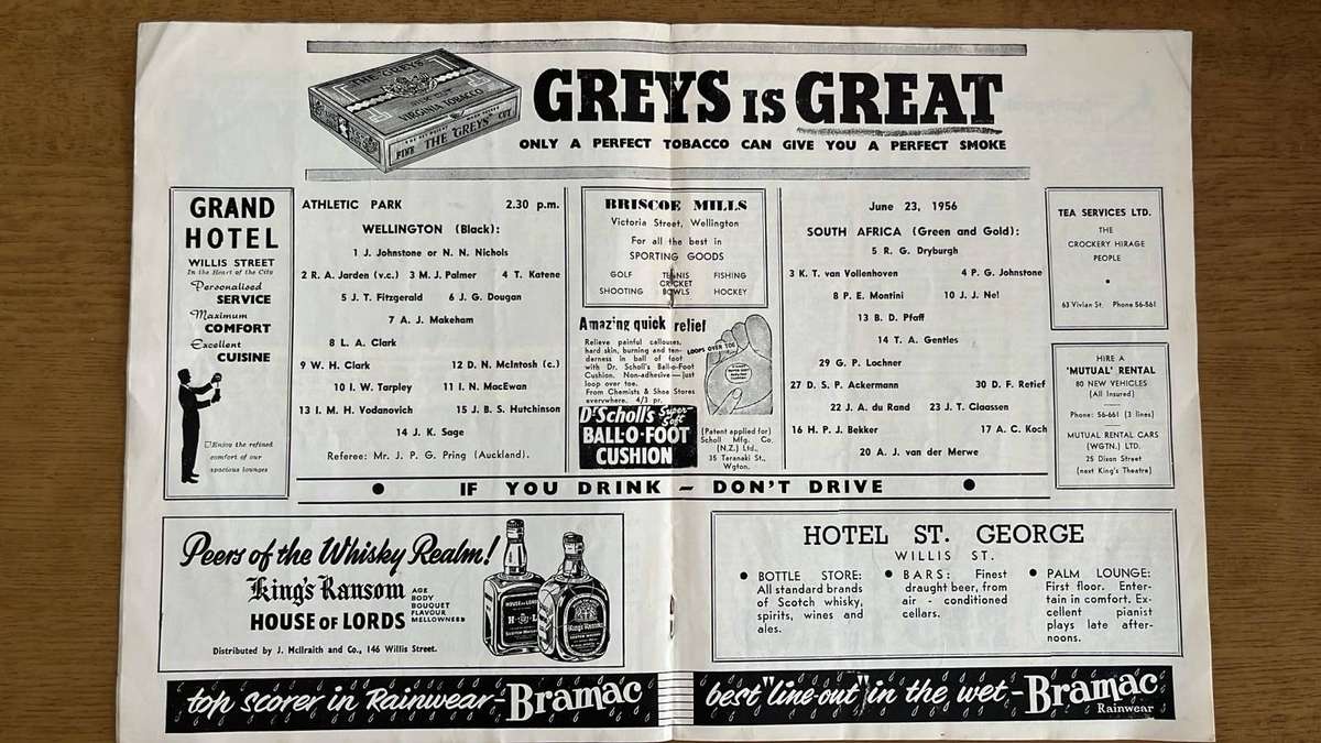 1956 South Africa vs Wellington at Athletic Park Programme, details below