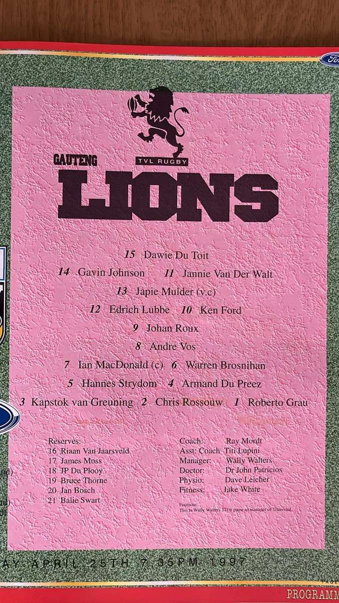 1997 Crusaders vs Lions at Lancaster Park Programme, details below