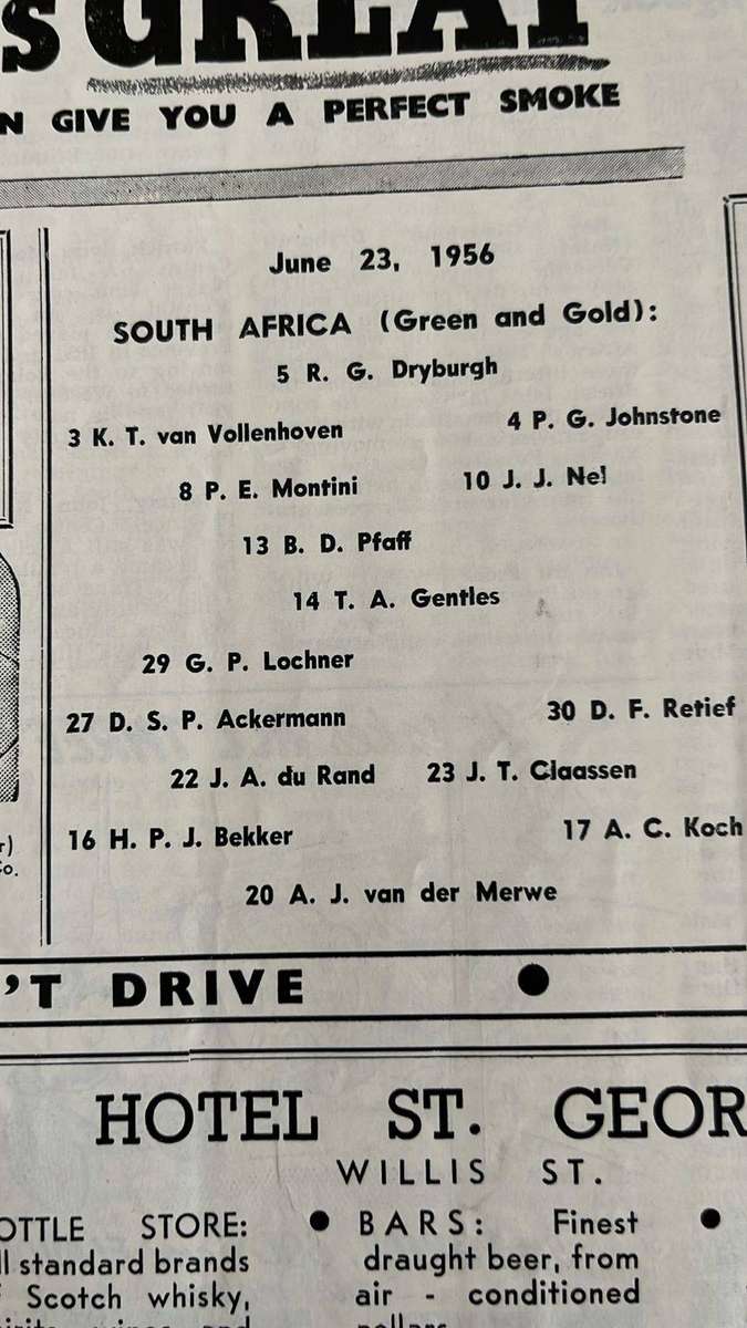 1956 South Africa vs Wellington at Athletic Park Programme, details below