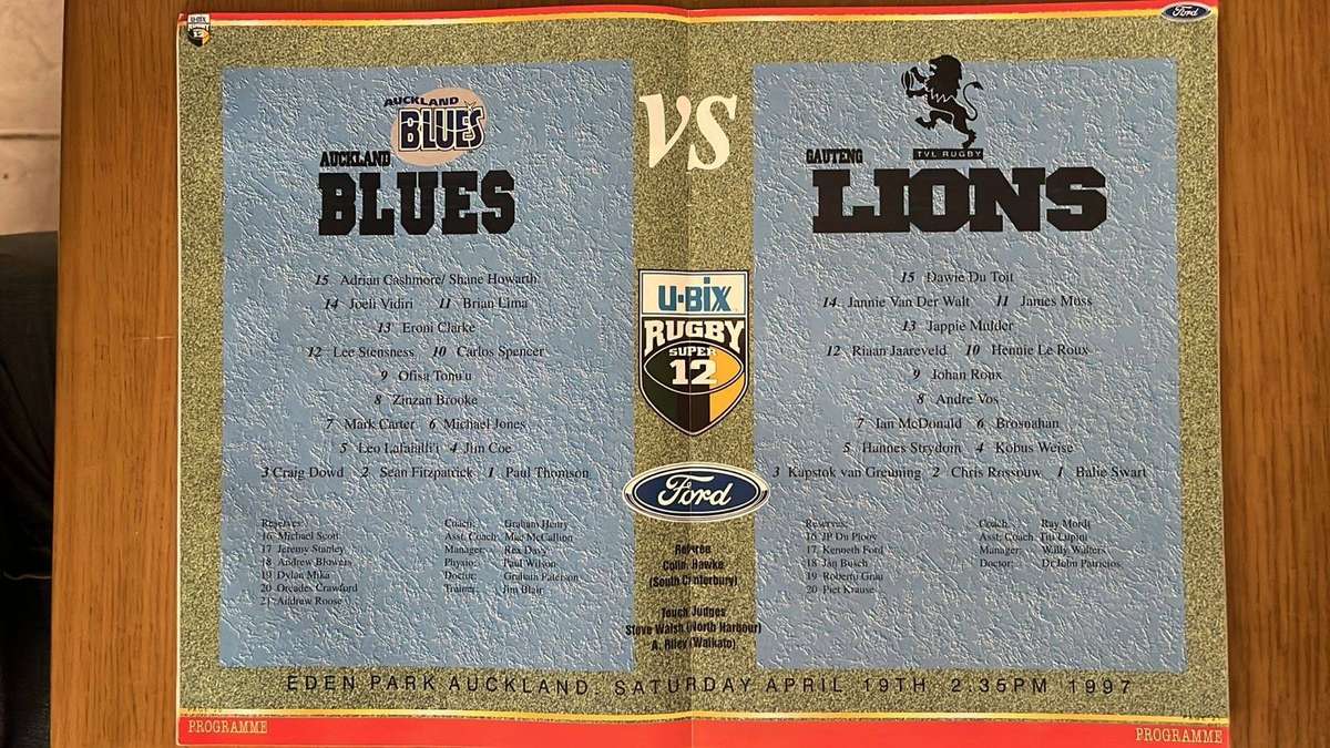 1997 Blues vs Lions at Eden Park Programme, details below