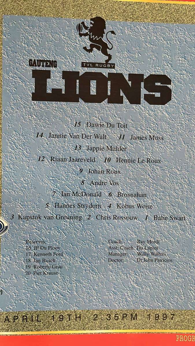 1997 Blues vs Lions at Eden Park Programme, details below