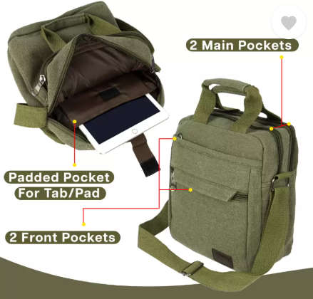 Canvas Unisex Crossbody / Shoulder Messenger Bag - Available in Black, Khaki and Green