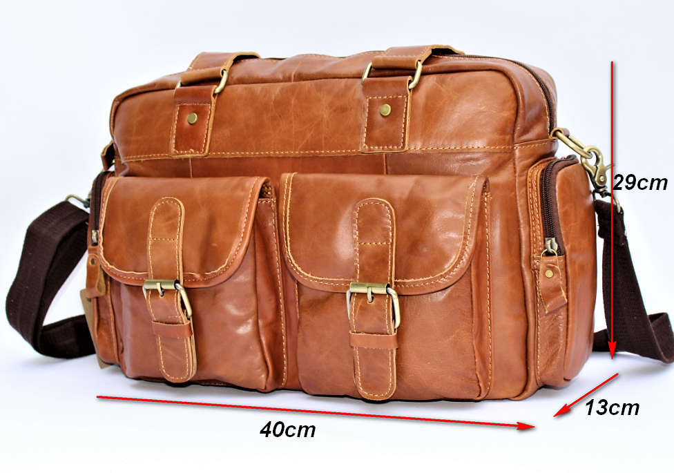 40 cm Genuine Tan Leather Vintage Messenger / Laptop Briefcase/ Satchel