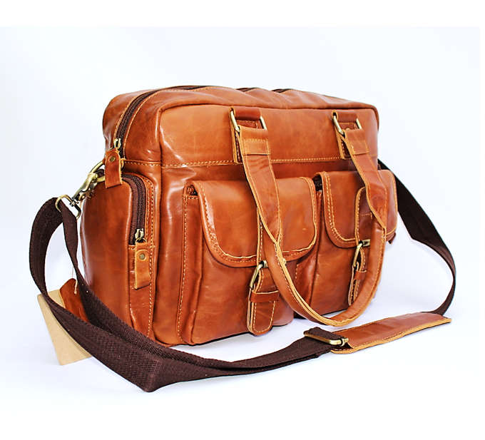 40 cm Genuine Tan Leather Vintage Messenger / Laptop Briefcase/ Satchel