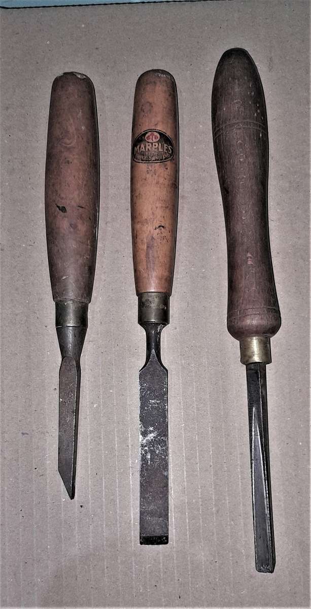 3 Chisels - A "V" parting & 2 Marples  - As per pictures
