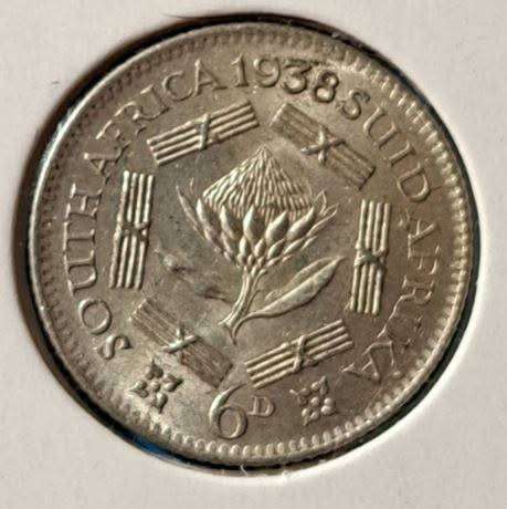 1938 Silver South Africa 6 Pence