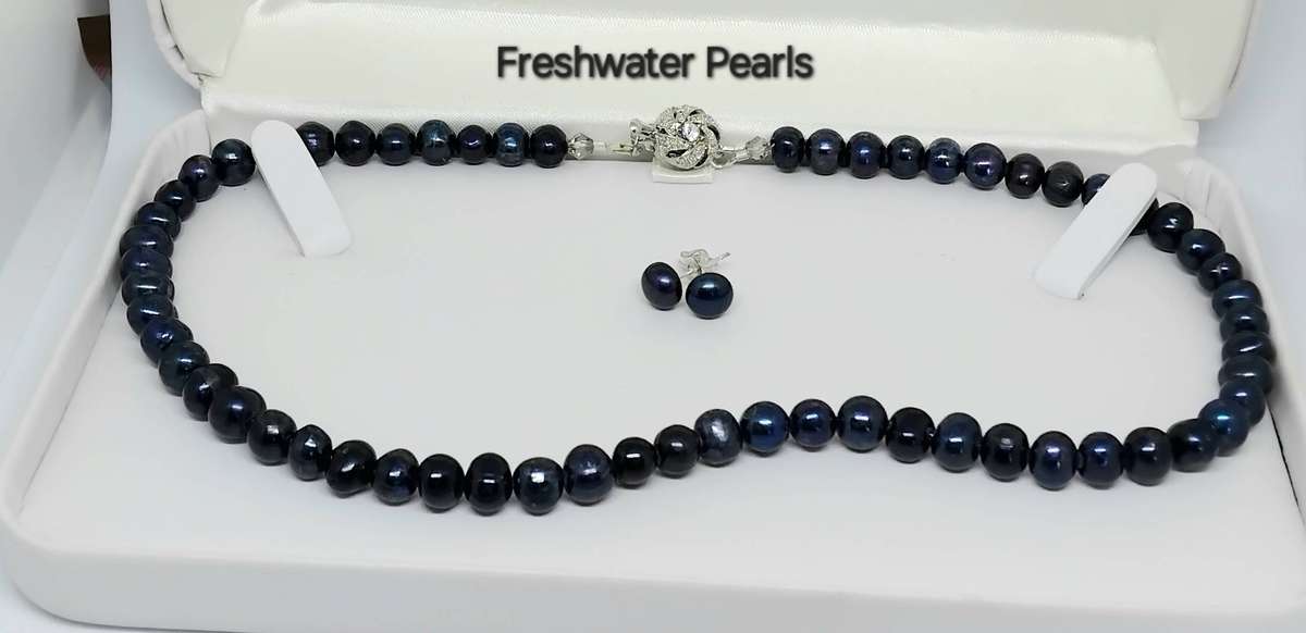 Genuine Black Pearl Necklace & Earrings