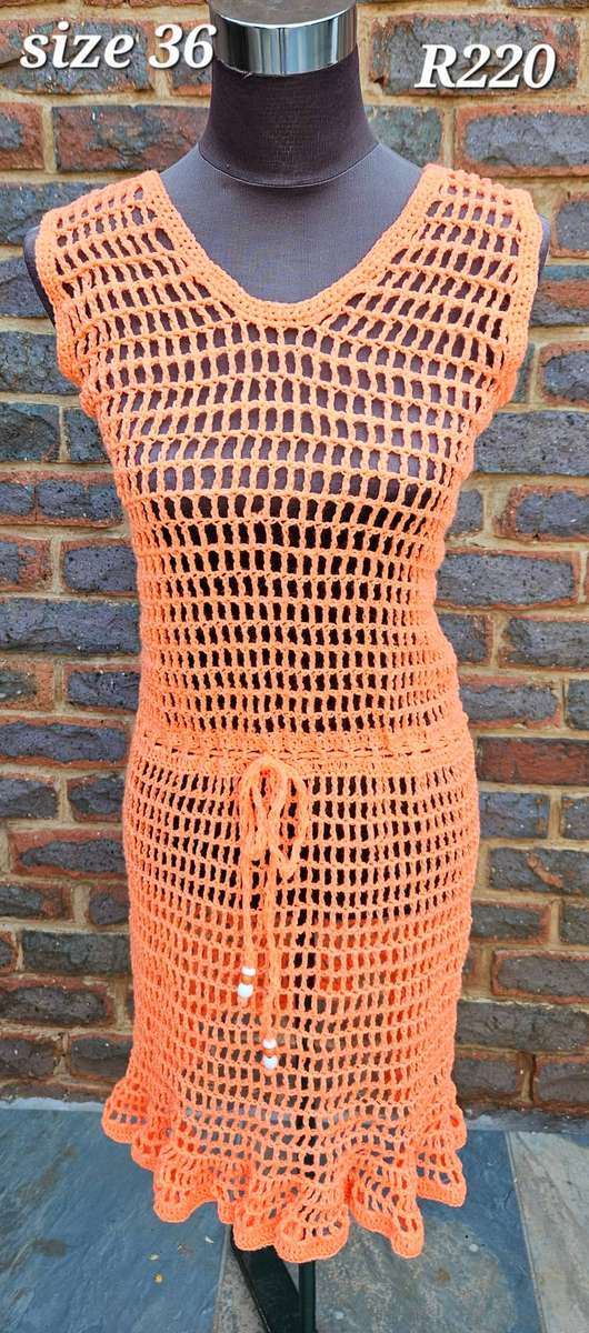 New handmade crochet bright coral mesh dress