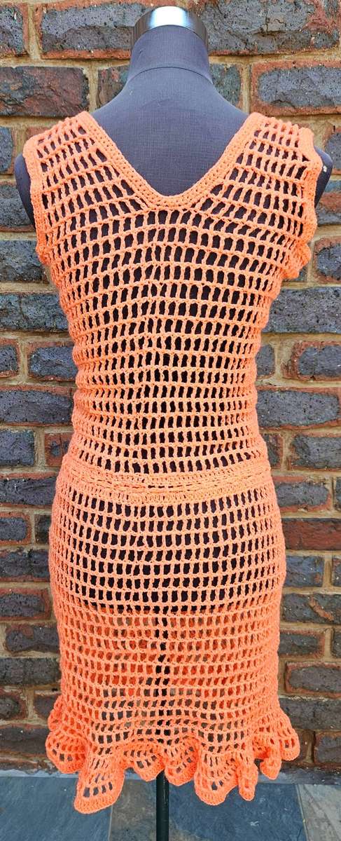 New handmade crochet bright coral mesh dress