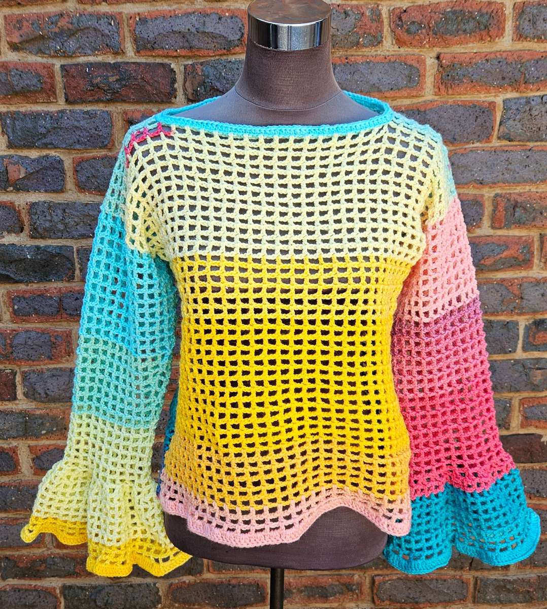 New, made to sell, handmade crochet reversible festival wear mesh top with bell sleeves