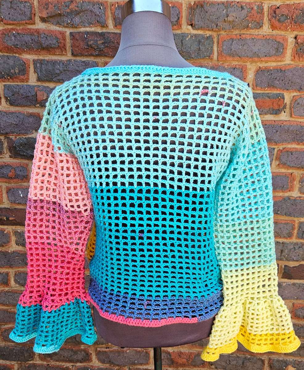 New, made to sell, handmade crochet reversible festival wear mesh top with bell sleeves