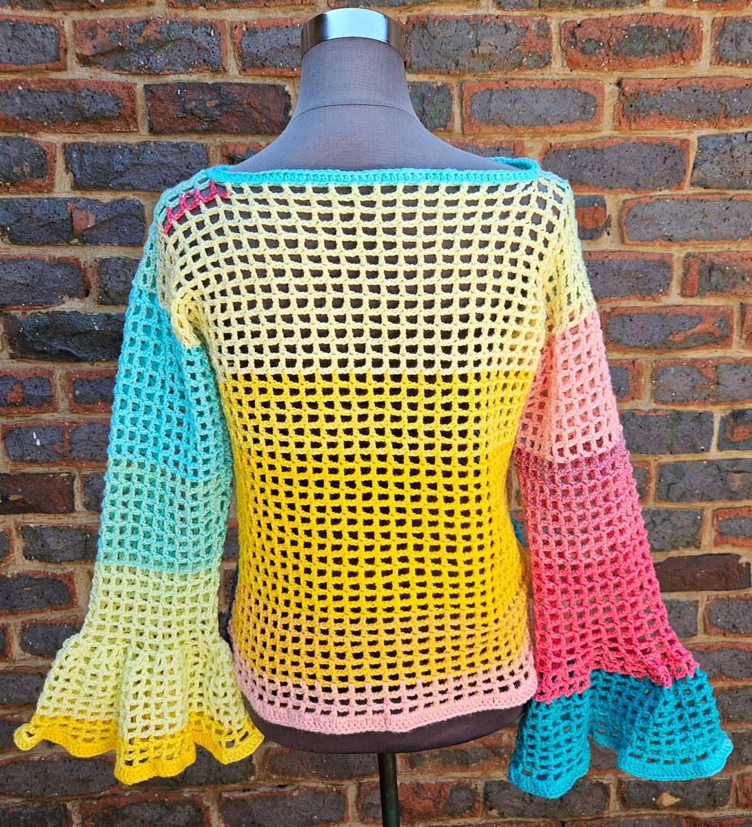 New, made to sell, handmade crochet reversible festival wear mesh top with bell sleeves
