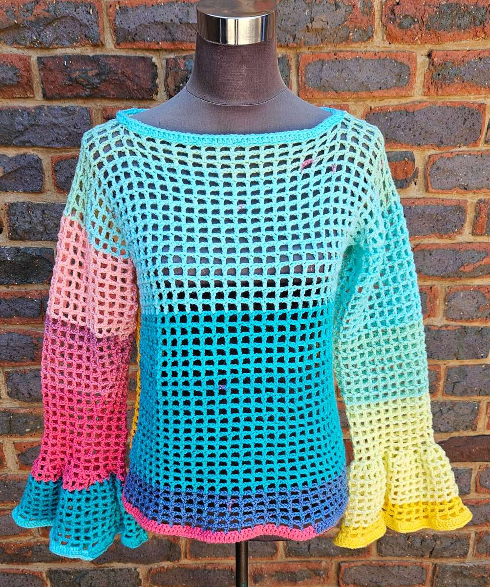 New, made to sell, handmade crochet reversible festival wear mesh top with bell sleeves