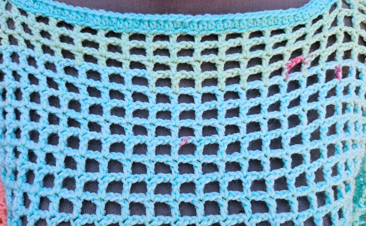 New, made to sell, handmade crochet reversible festival wear mesh top with bell sleeves