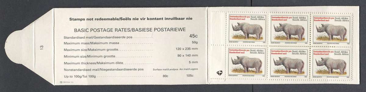 RSA - Aviation Booklet Flap 13 With Rhino Stamps - MNH