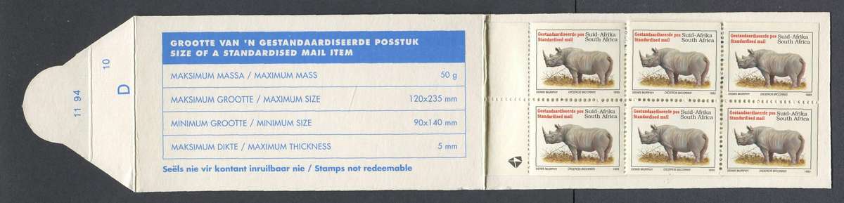 RSA - Rhino Booklet Flap 11 94 10 D  and No Date on Pane - MNH