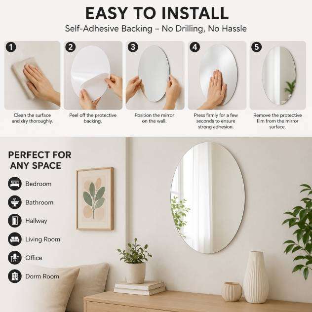 FANTASTIC OVAL SHAPED SELF ADHESIVE ACRYLIC FLEXIBLE WALL MIRROR STICKER