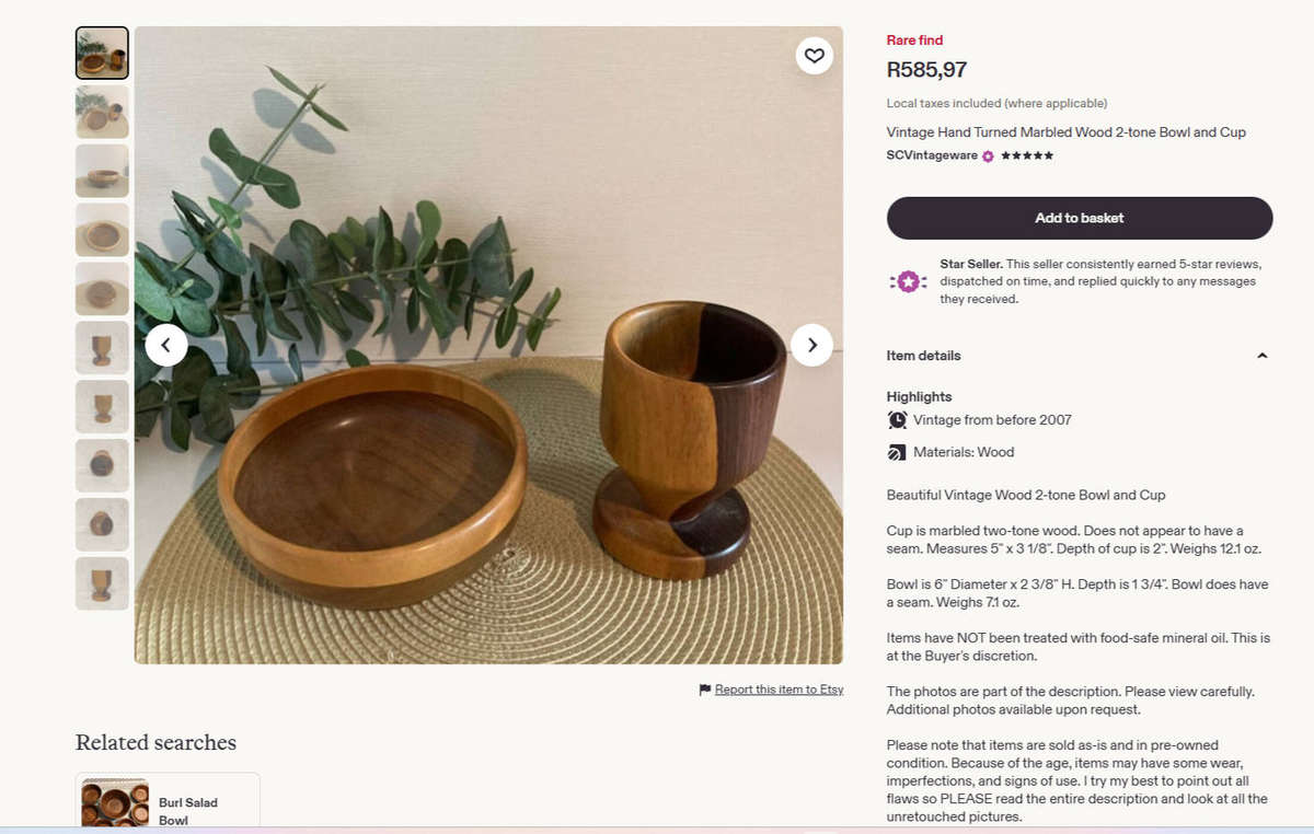 Vintage Hand Turned Marble Wood 2-Tone Cup and 2 Bowls