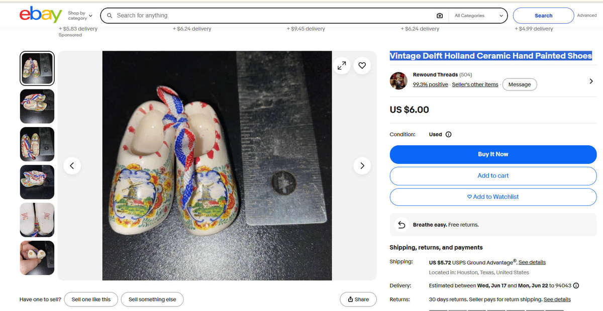Rare Vintage Miniature Delft Holland Ceramic Hand Painted Shoes