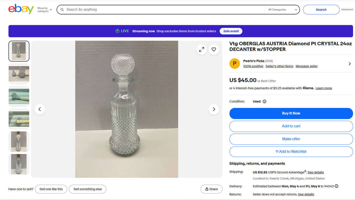 Vintage OBERGLAS AUSTRIA Diamond Pt CRYSTAL Decanter