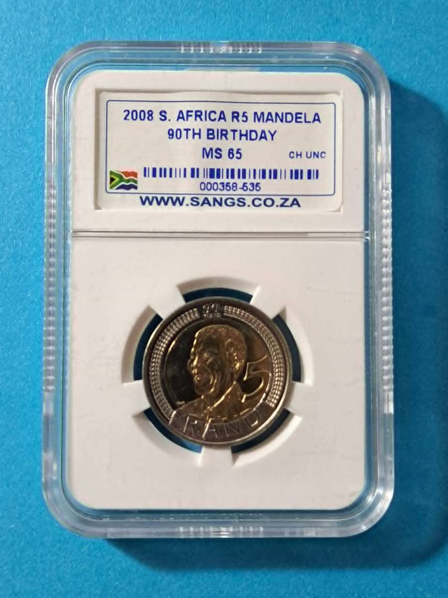 2008 South Africa 5 Rand coin commemorating Nelson Mandela's 90th birthday graded MS 65 by SANGS