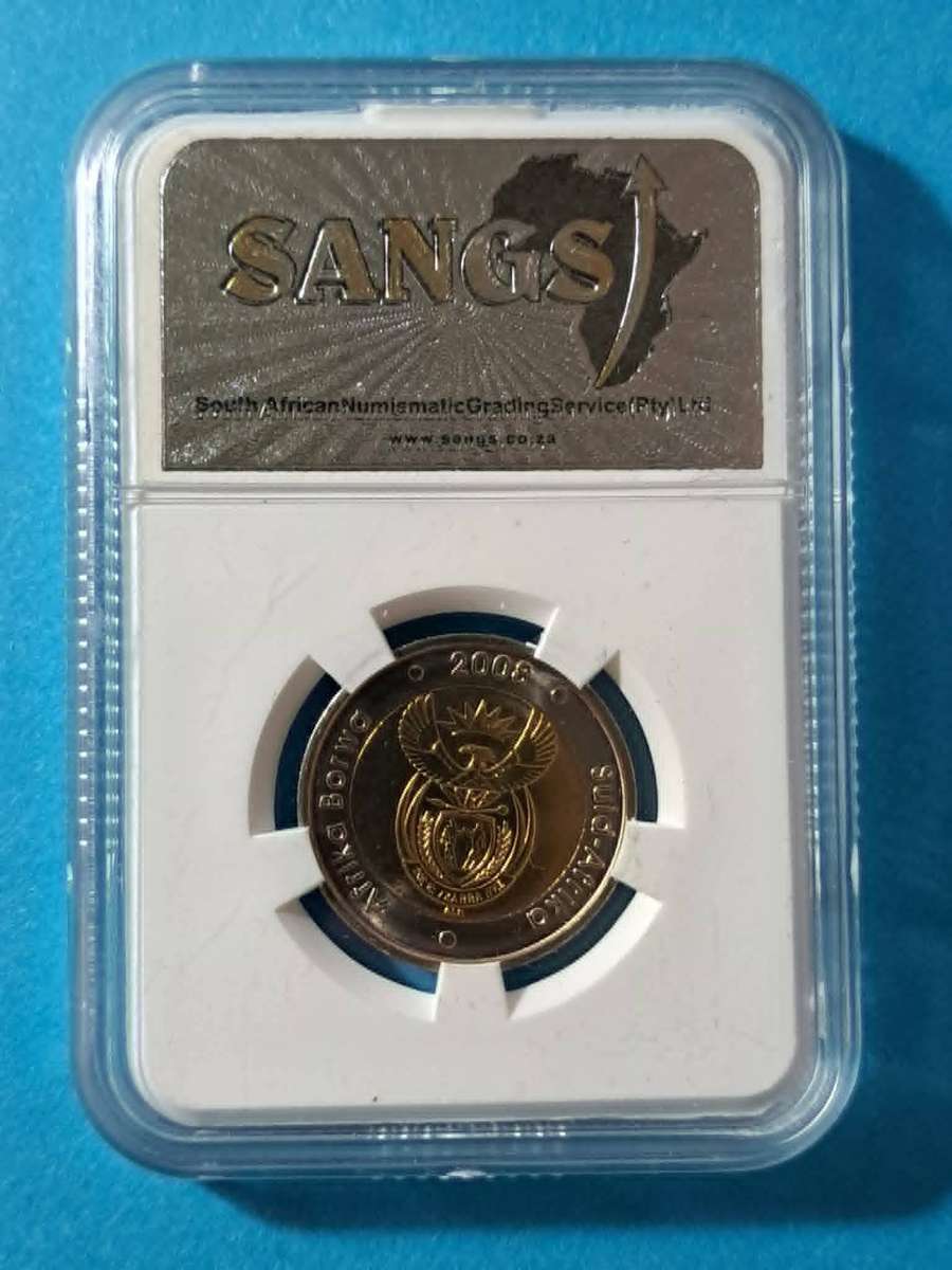 2008 South Africa 5 Rand coin commemorating Nelson Mandela's 90th birthday graded MS 65 by SANGS