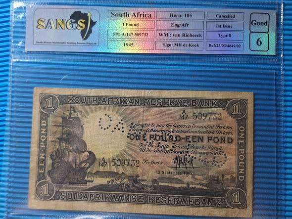 1945 South African 1 Pound Cancelled banknote Graded GOOD6