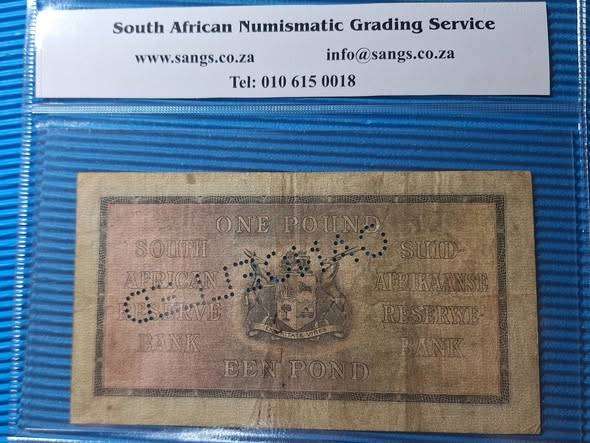1945 South African 1 Pound Cancelled banknote Graded GOOD6