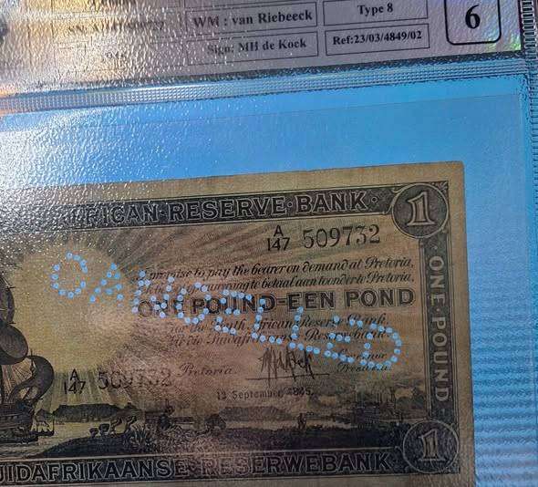 1945 South African 1 Pound Cancelled banknote Graded GOOD6