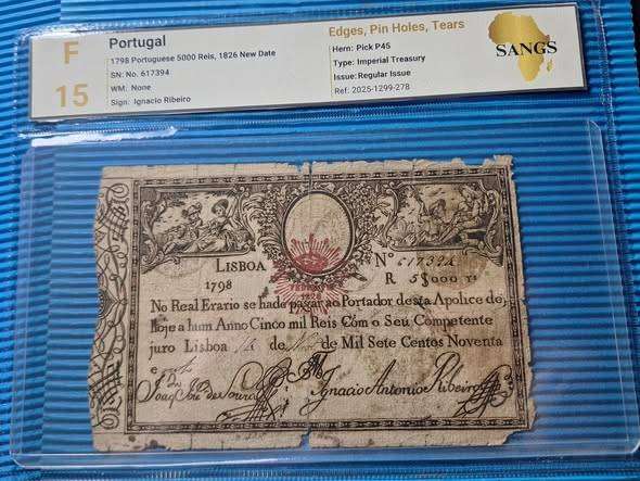 1798 5000 Reis banknote from Portugal GRADED BY SANGS F15
