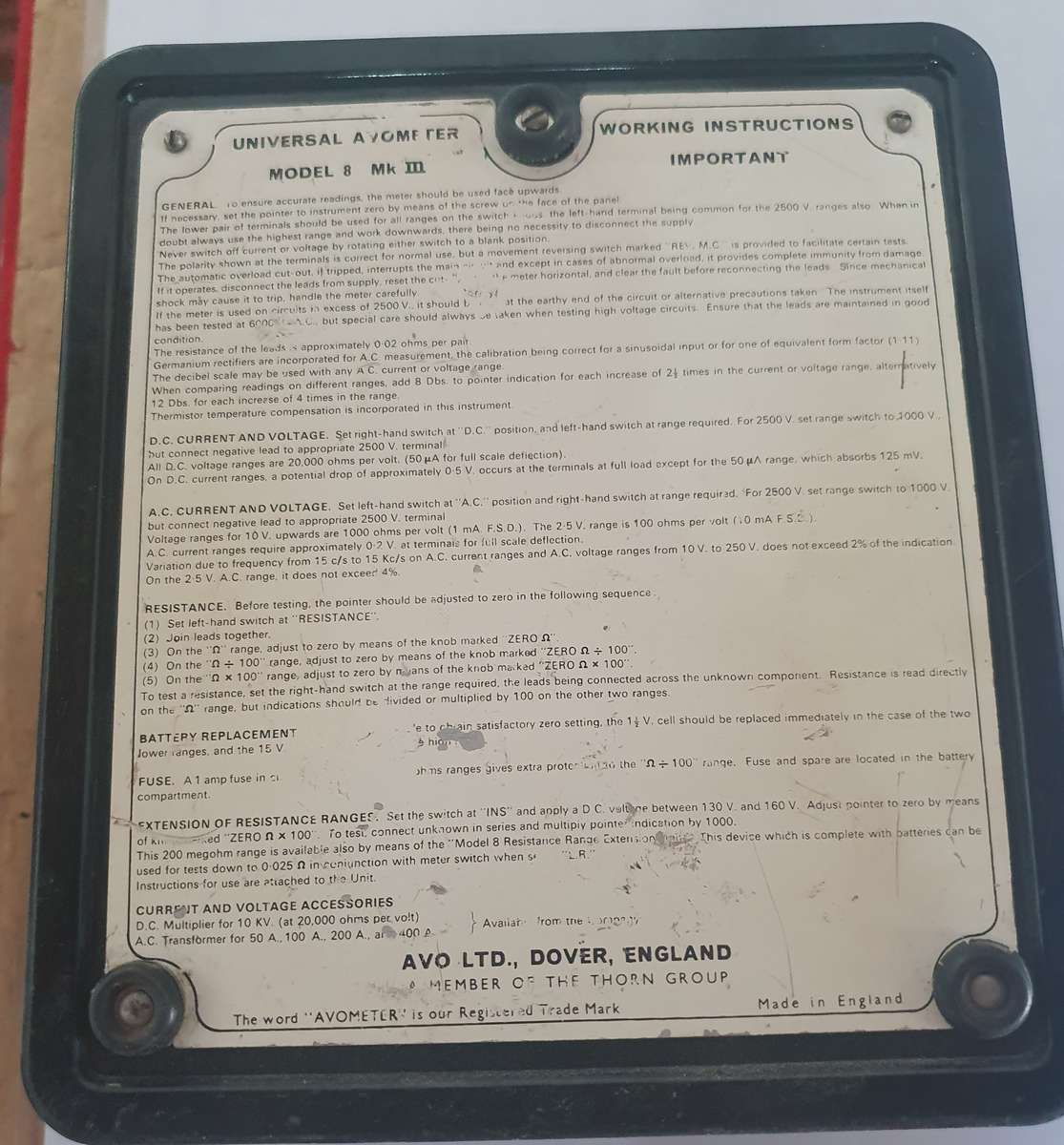 VINTAGE HUGE AVOMETER. UNIVERSAL. MODEL 8 MK111