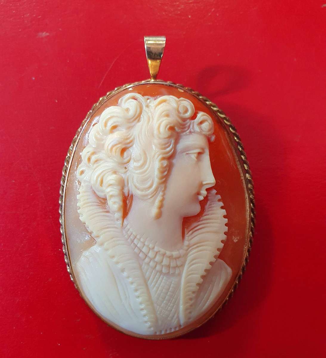 9ct GOLD SETTING WITH FINE DETAIL CAMEO. NECKLACE OR BROOCH.