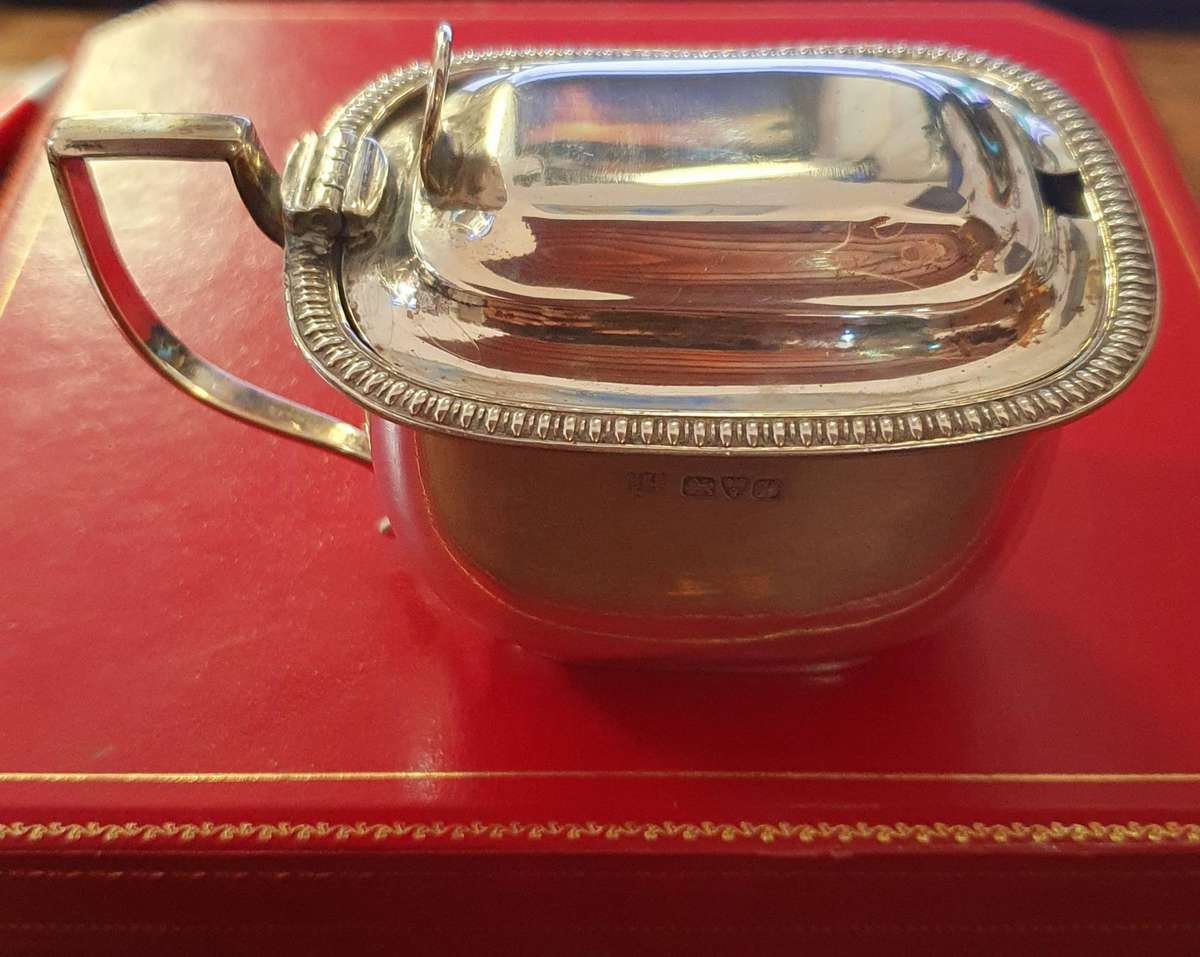 STERLING SILVER MUSTARD POT WITH COBALT BLUE GLASS INNER.