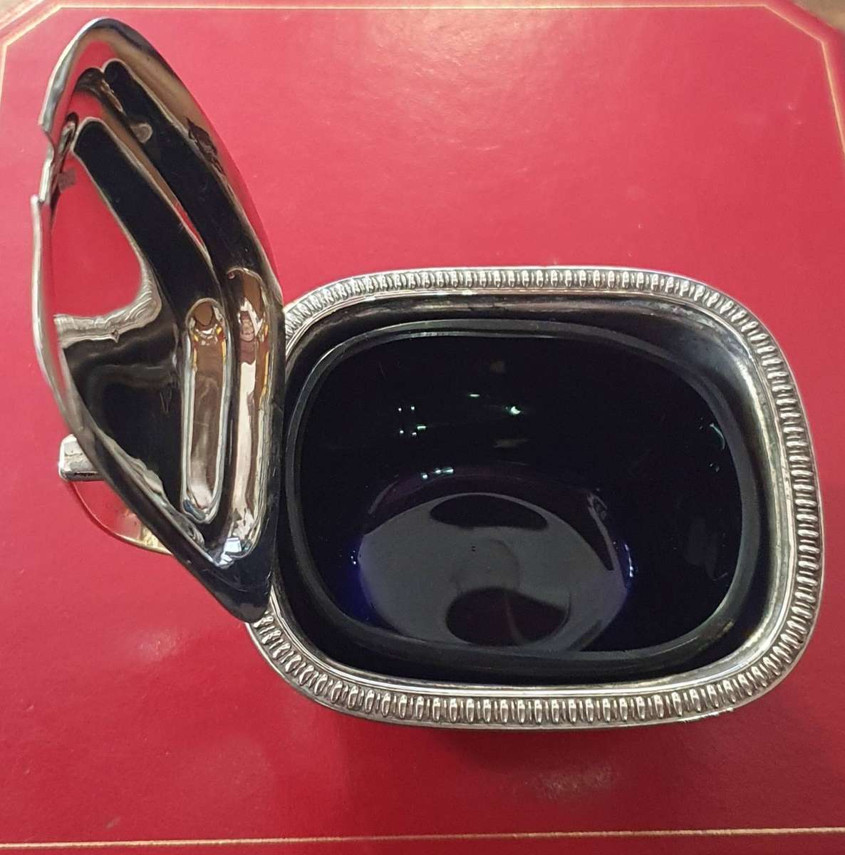 STERLING SILVER MUSTARD POT WITH COBALT BLUE GLASS INNER.