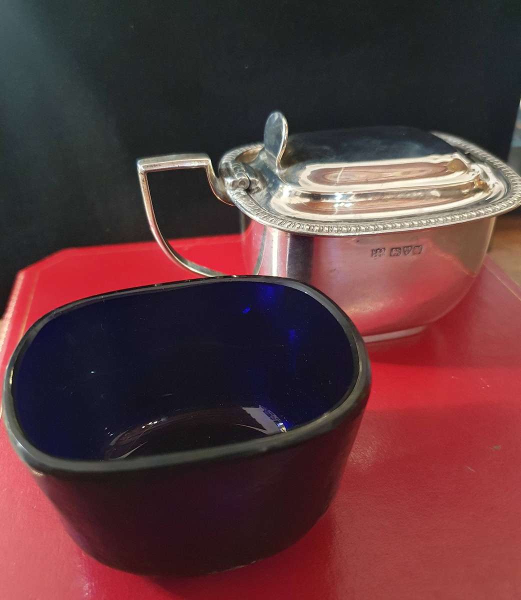 STERLING SILVER MUSTARD POT WITH COBALT BLUE GLASS INNER.