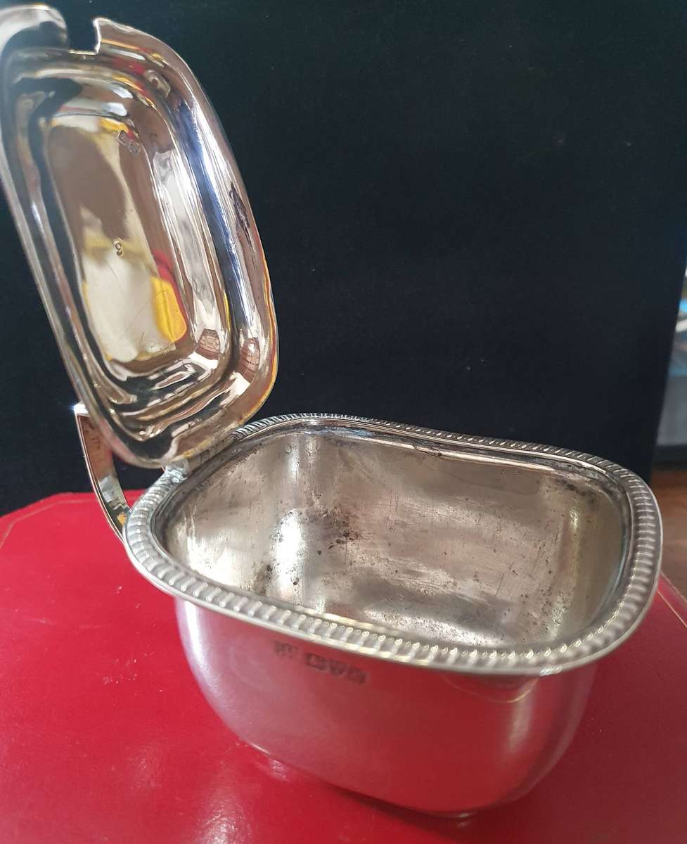 STERLING SILVER MUSTARD POT WITH COBALT BLUE GLASS INNER.