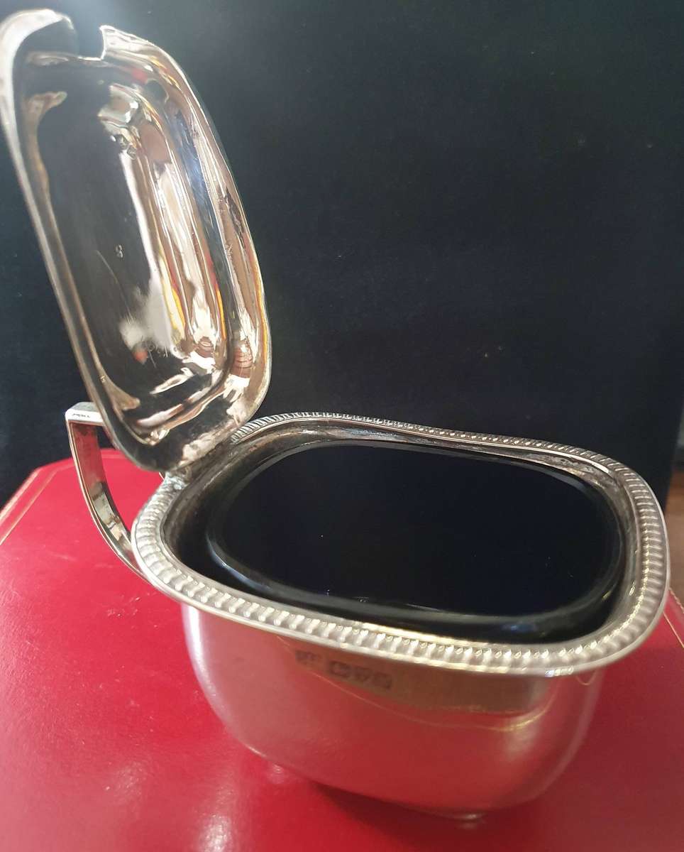 STERLING SILVER MUSTARD POT WITH COBALT BLUE GLASS INNER.