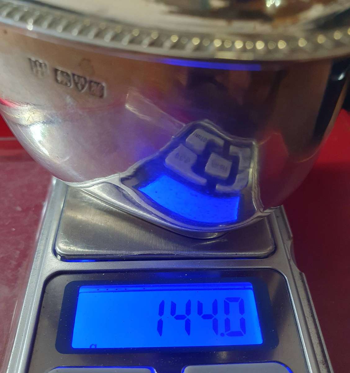 STERLING SILVER MUSTARD POT WITH COBALT BLUE GLASS INNER.