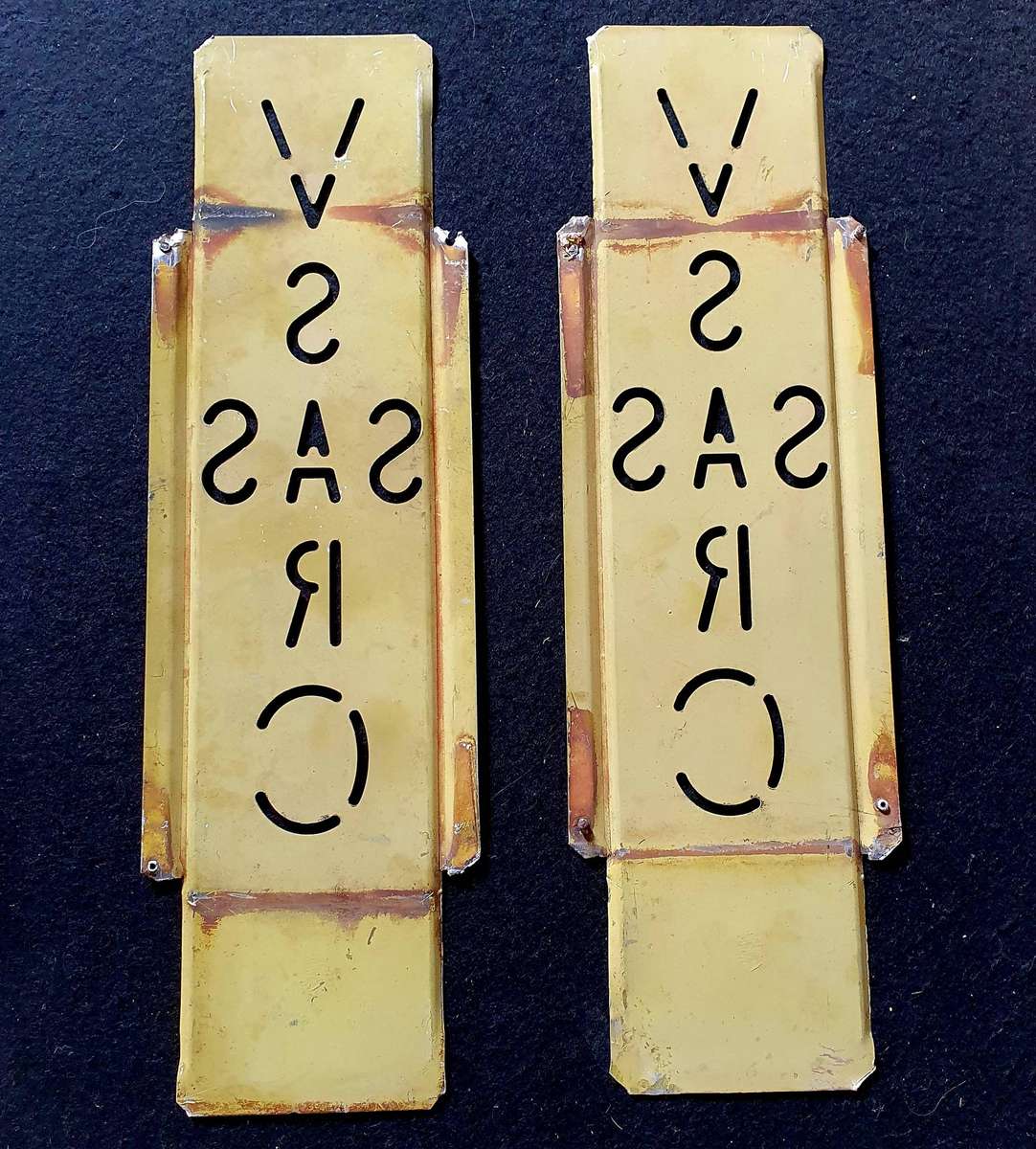 2 X VINTAGE SAR / SAS METAL SIDING PLATES. CUT OUT METAL. ONE BID FOR BOTH.