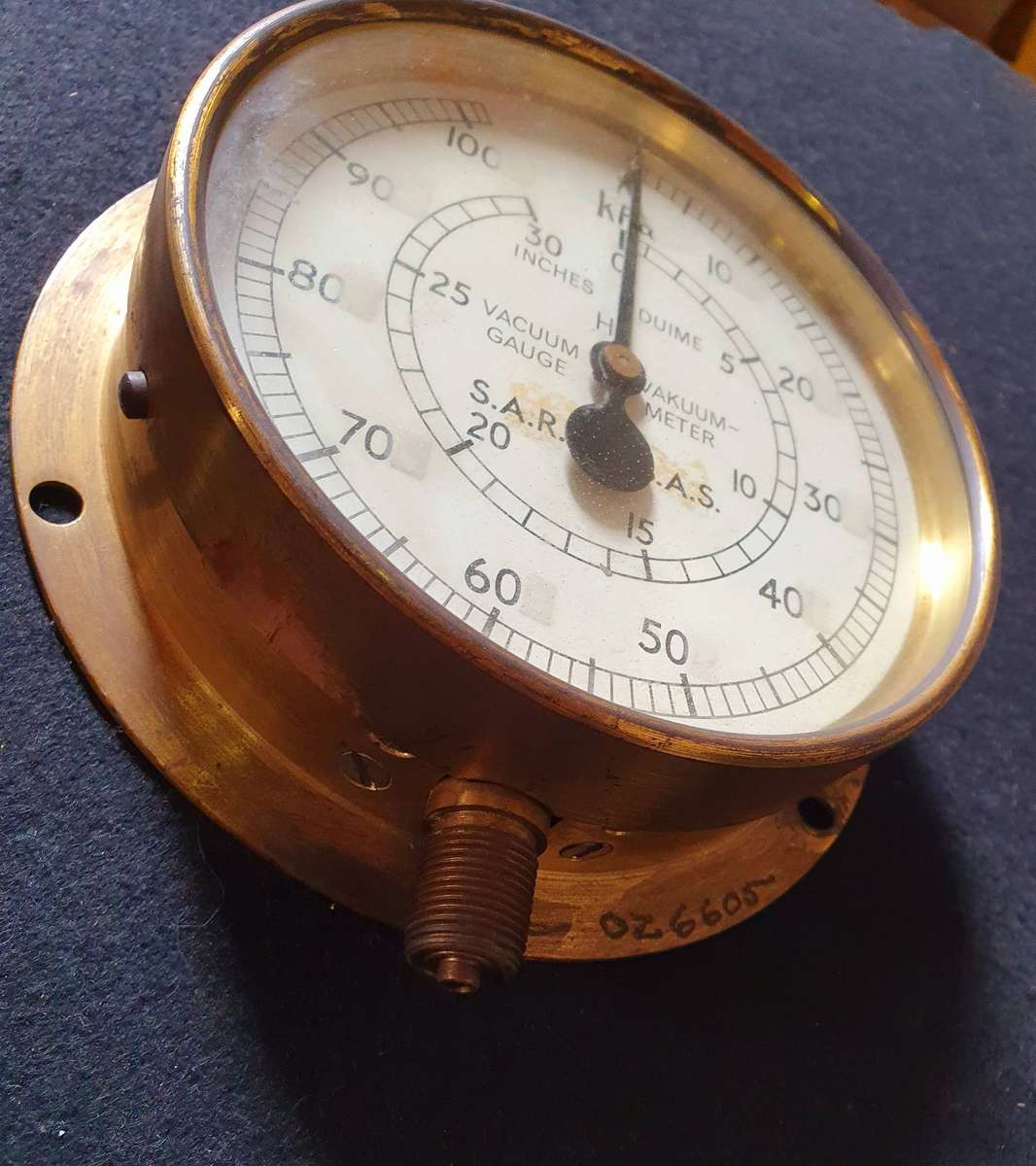 VINTAGE SAR/SAS HUGE BRASS LOCOMOTIVE VACUUM/ PRESURE GAUGE. TOMEY BIRMINGHAM.